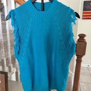 Sleeveless Fringe Cable Knit Sweater Vest - Lake Blue